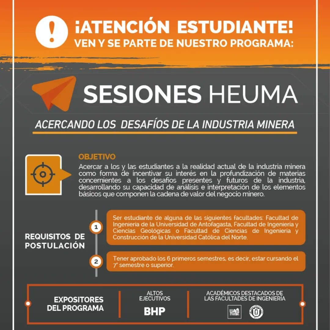 heumaingenieria's tweet photo. 🔴Atención estudiantes de las Facultades de Ingeniería de la UA y UCN‼
Participa de la nueva versión de SESIONES HEUMA 2022🤩
👉 ¿Cómo postular? Ingresa a https://t.co/tjeLHtovj0.
#antofagasta #ingenieria2030 #heuma #bhp #ucn #uantof #tecnología #minería https://t.co/mGklPE4MbT