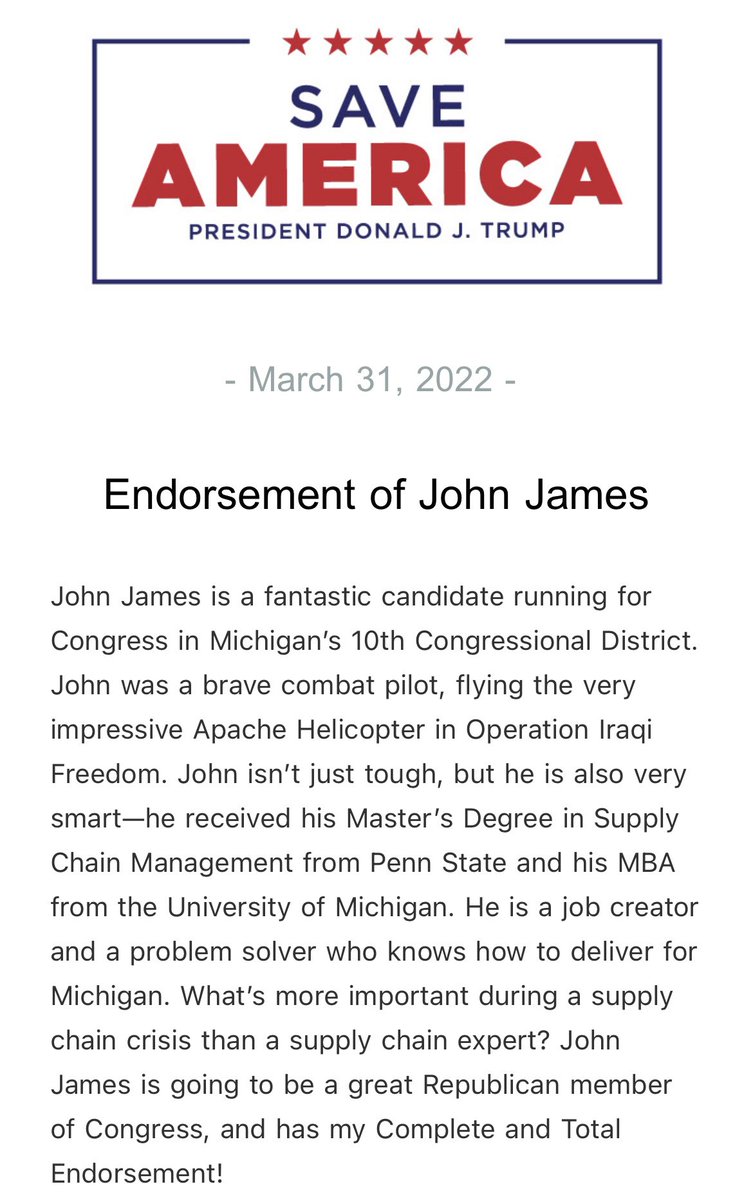 RSBNetwork's tweet photo. Endorsement of John James https://t.co/3RD4n9MBiE