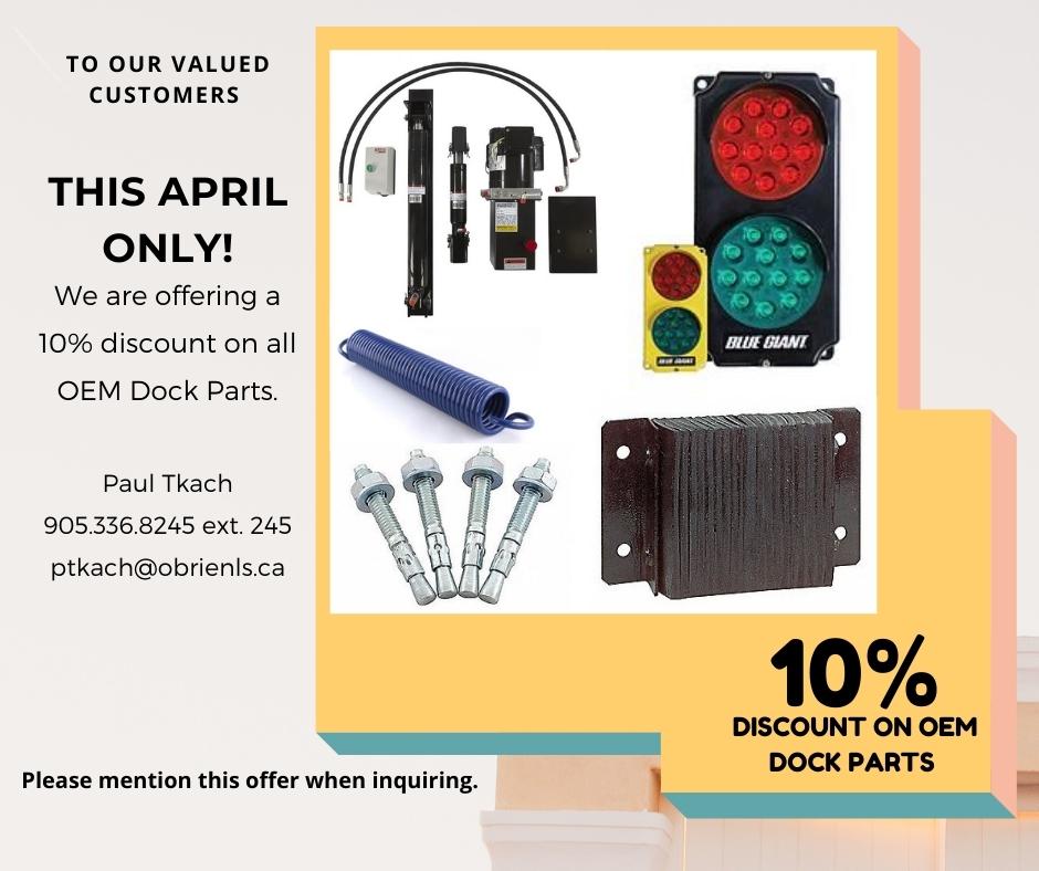 OBrienLifting's tweet photo. Dear Customers, this April, O'Brien Door Solutions will offer a 10% discount on OEM dock parts. Reach out to our team by email or phone, and never let worn-out or broken parts slow down your operation or reduce your productivity. ptkach@obrienls.ca | 905-336-8245 ext. 245. https://t.co/uc82MNuWlH