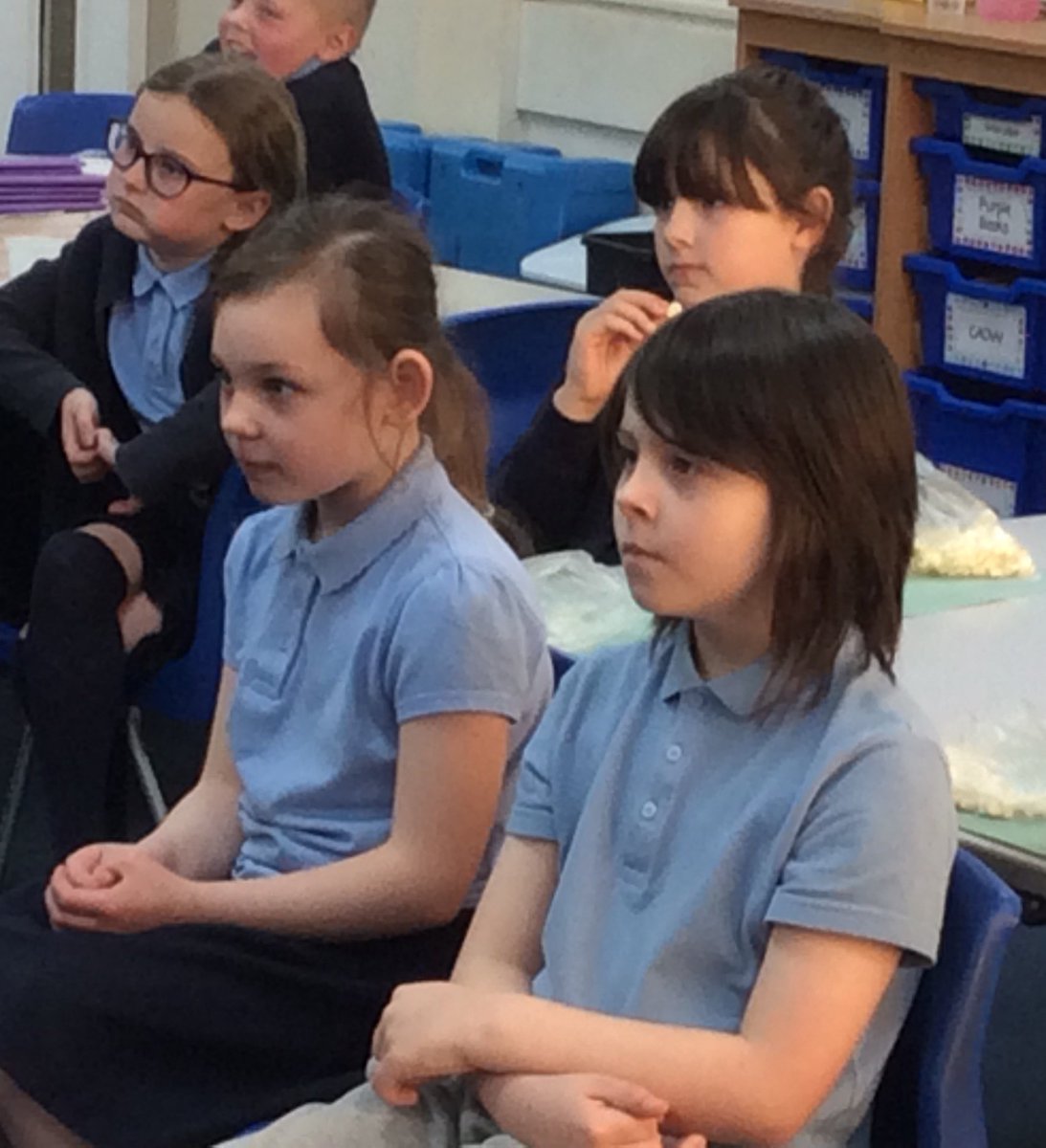 StBernardsep's tweet photo. Team 3 proudly watched their dance performance video. We had a class premiere to watch the video. They liked watching what the other schools created. Thank you to Cheshire Dance for a wonderful project. #stbPE @cheshiredance https://t.co/zblacQRXbV