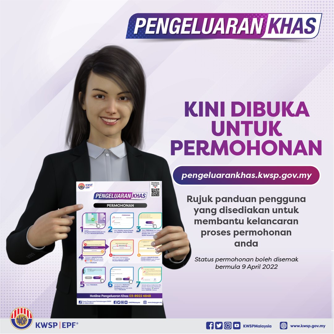 KWSPMalaysia's tweet photo. Portal Pengeluaran Khas kini dibuka. Permohonan boleh dilakukan di https://t.co/CCoT2RjaoB

Sila rujuk panduan pengguna dan soalan lazim di Portal Pengeluaran Khas untuk maklumat lanjut.  

#kwsp #kwspahli #kwspinfo https://t.co/S00yZyV7Wu