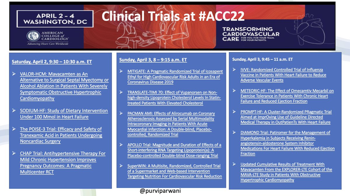purviparwani's tweet photo. #ACC22 #Cardiotwitter so many exciting clinical trials to be presented this weekend! Here is a summary for your quick review. which one are you excited about?
@ditchhaporia  @DrMarthaGulati @hvanspall @mmamas1973  @AnastasiaSMihai @fischman_david @mirvatalasnag @iamritu https://t.co/dVsR70HjTl