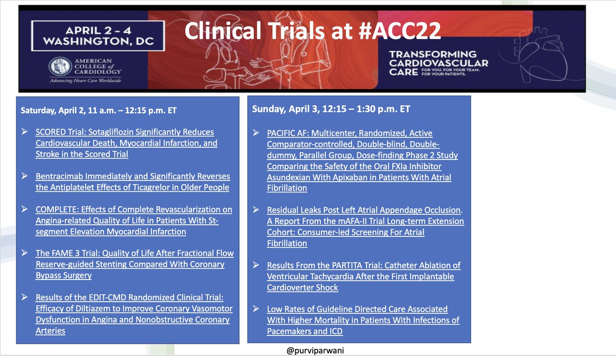purviparwani's tweet photo. #ACC22 #Cardiotwitter so many exciting clinical trials to be presented this weekend! Here is a summary for your quick review. which one are you excited about?
@ditchhaporia  @DrMarthaGulati @hvanspall @mmamas1973  @AnastasiaSMihai @fischman_david @mirvatalasnag @iamritu https://t.co/dVsR70HjTl