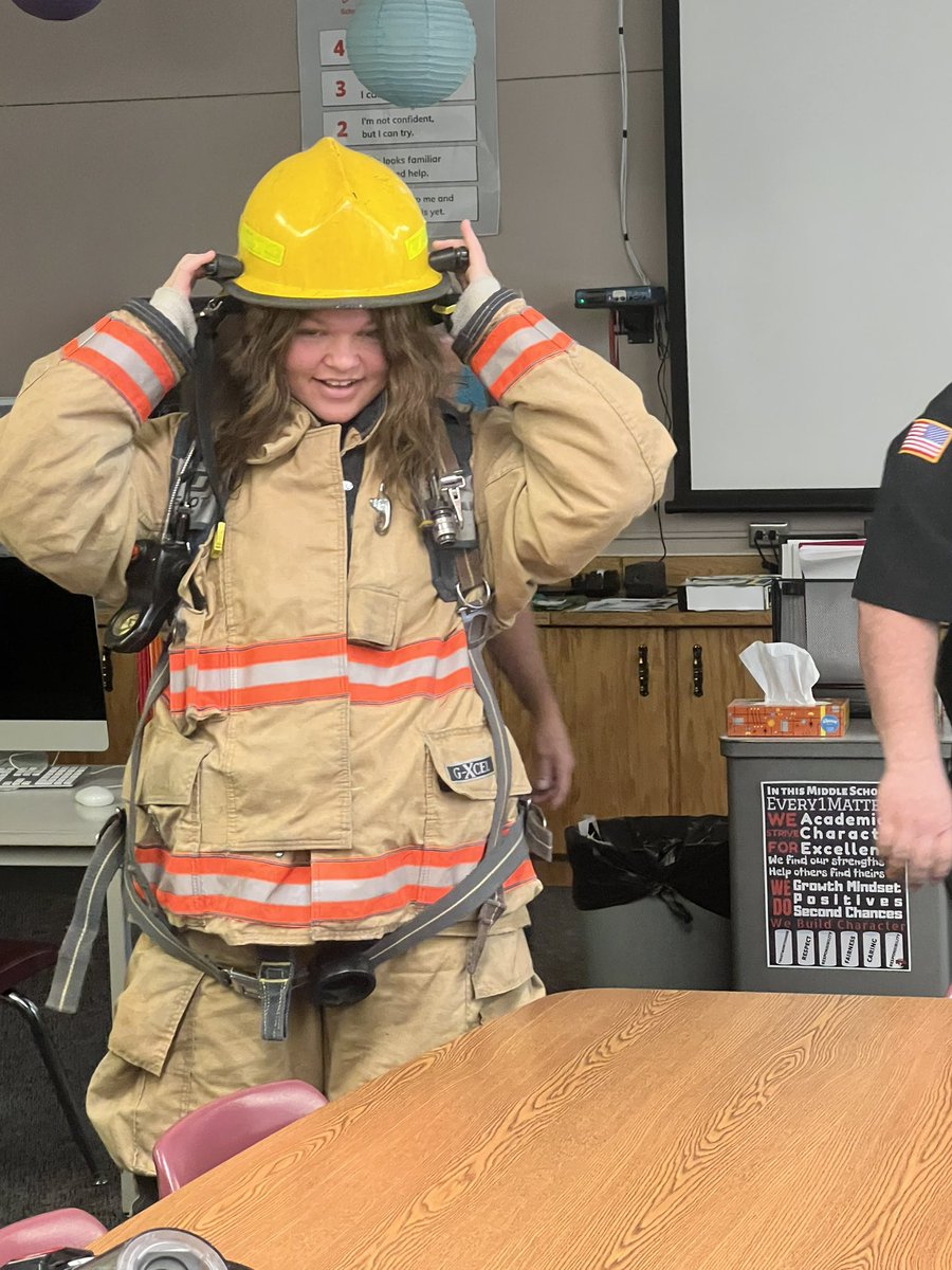 We are learning all about firefighting today from <a href="/FDGrandForksND/">Grand Forks Fire ND</a> 🚒 🔥 Thank you Matt, Brian, &amp; Rod for sharing your knowledge, experiences, &amp; backgrounds about your career with our students! #8thgrcareerfair #cte <a href="/schroederms_gf/">Schroeder MS</a> #futurecareers