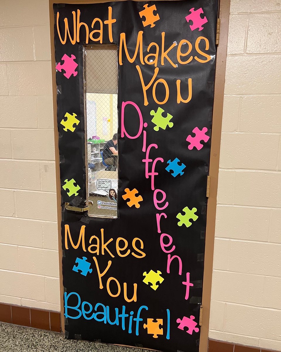 Teach2Believe's tweet photo. Our door is all set for Autism Awareness for the month of April! Special shout-out to Sebastian for taking charge and helping with our door! #autismawareness #abilitynotdisability #teachersoftwitter https://t.co/4zHU7T73dw