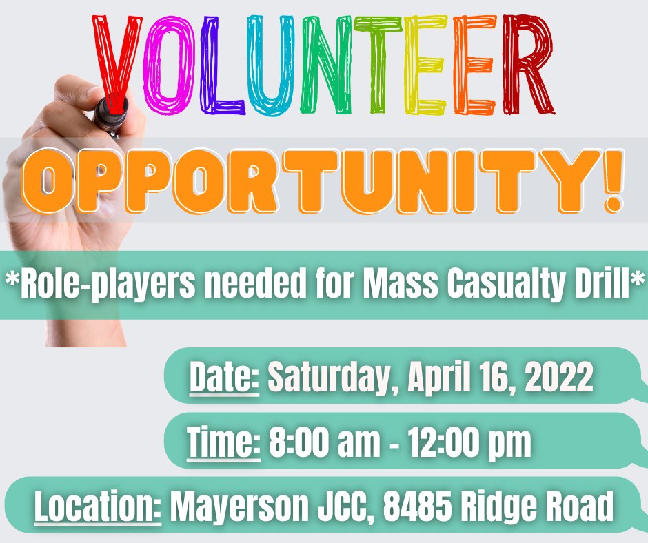 HCEMA's tweet photo. Volunteer Opportunity! Role-players are needed for a MCI Drill hosted in Amberley Village on SATURDAY, APRIL 16.  Volunteers will act as patients &amp; must be able to stand, sit &amp; lay down for an extended period of time.

For more info &amp; to sign up, visit https://t.co/VGmK3O2xb8 https://t.co/FspJGzNBEG