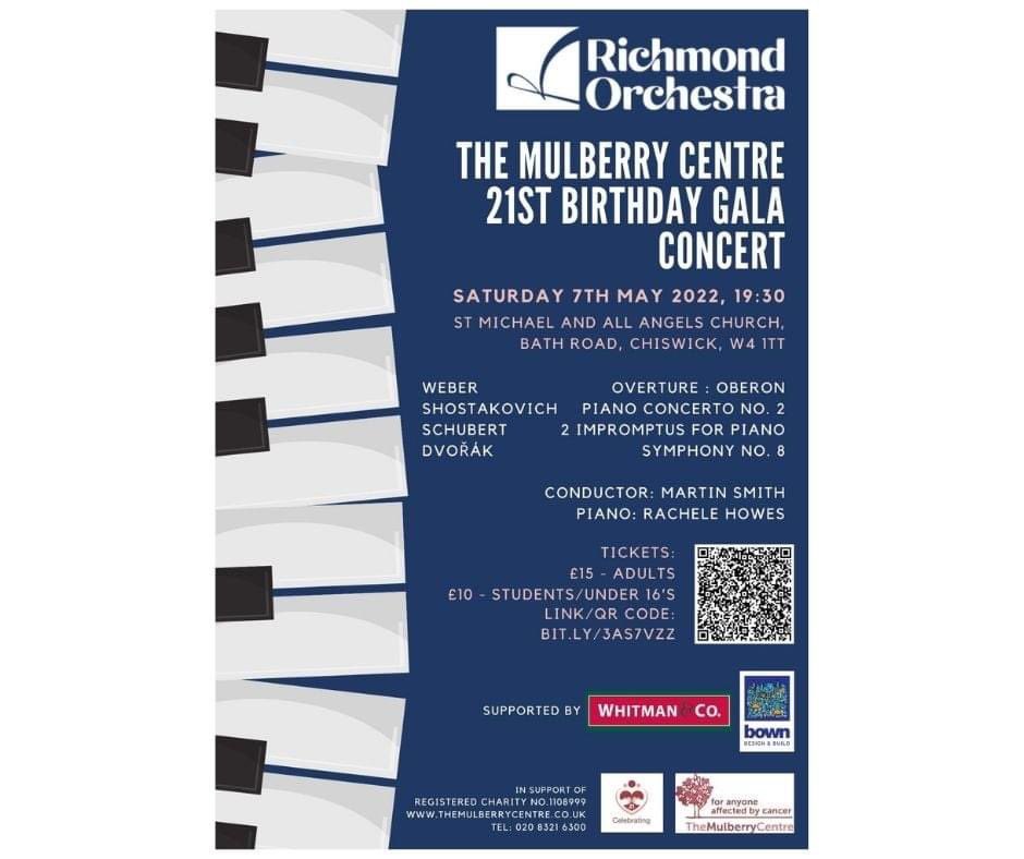 vbowmanevents's tweet photo. Join us, and @richmondorchestra on: Saturday 7th May | 7:30pm | St Michael &amp; All Angels Church, W4 1TT, for a concert to celebrate The Mulberry Centre's 21st birthday! 
Tickets are £15 (£10 for students and under-16’s) from here: https://t.co/KNh2vD0z3q
#cancersupport https://t.co/GCQacII0W6