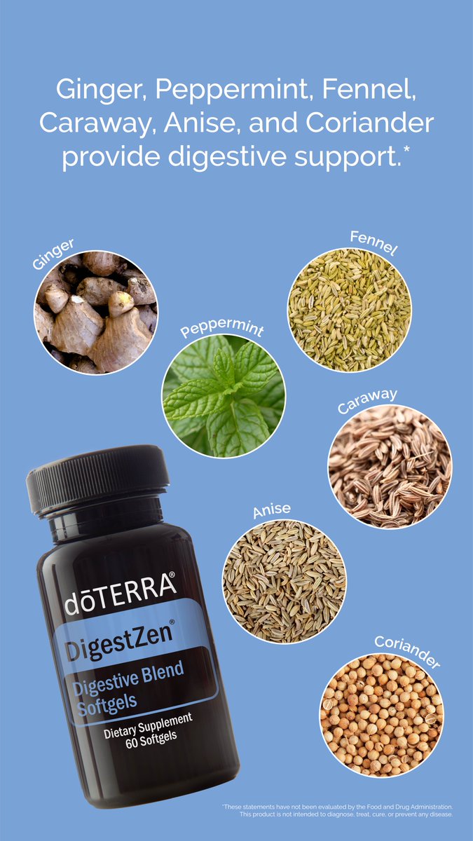 doterra's tweet image. The seven essential oils that make up the beloved DigestZen® essential oil blend are each known for their individual digestive benefits! 

Learn more at loom.ly/L1PG-Uw

#digestzen #softgels #doterra #pursuewhatspure #unpaked