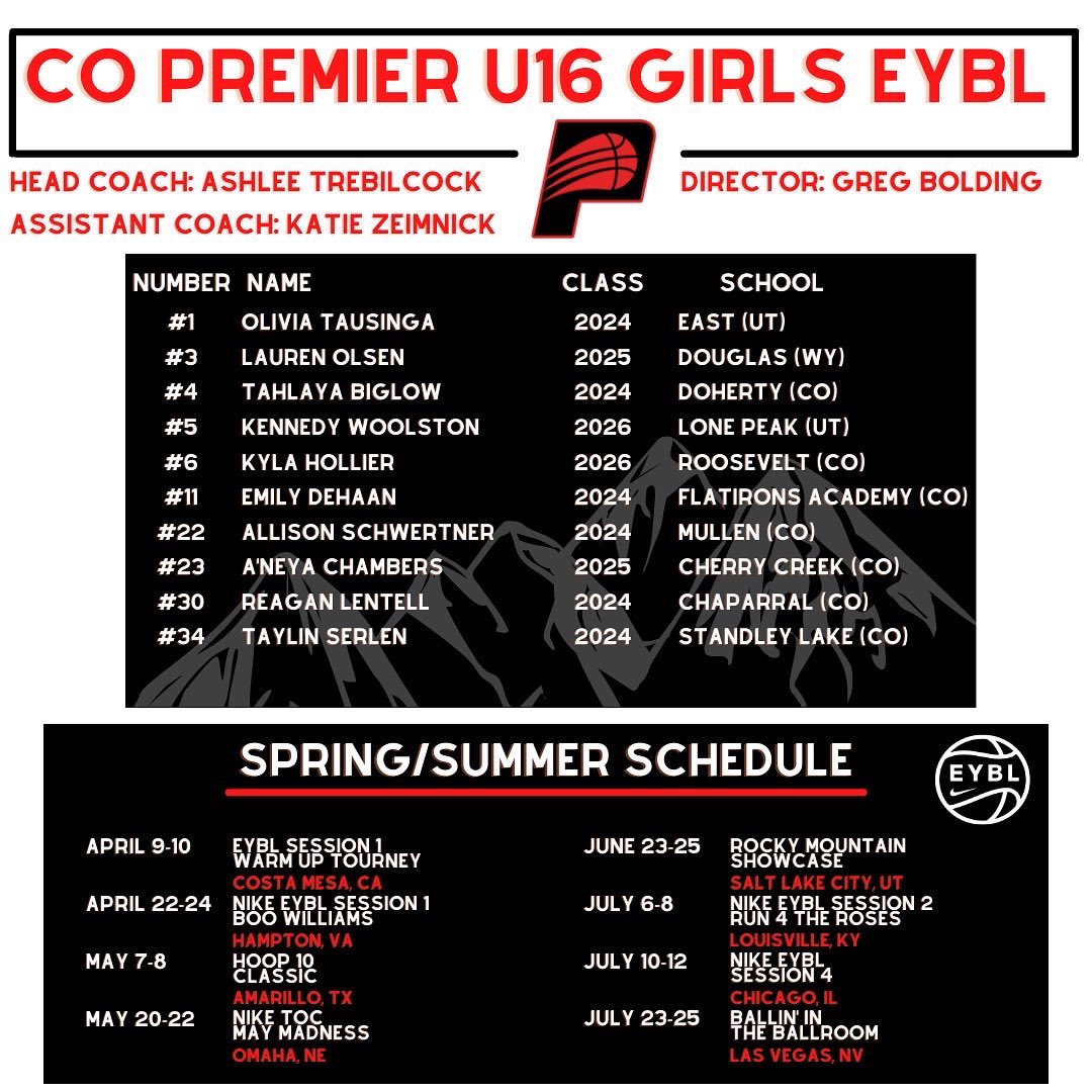 ColoradoPremier's tweet photo. Excited to announce our U17 EYBL, U16 EYBL, and U15 Nike National teams! Looking forward to competing with this young group on the nations best circuit! The rest of our rosters will be announced soon. https://t.co/wj2B4cZKVi