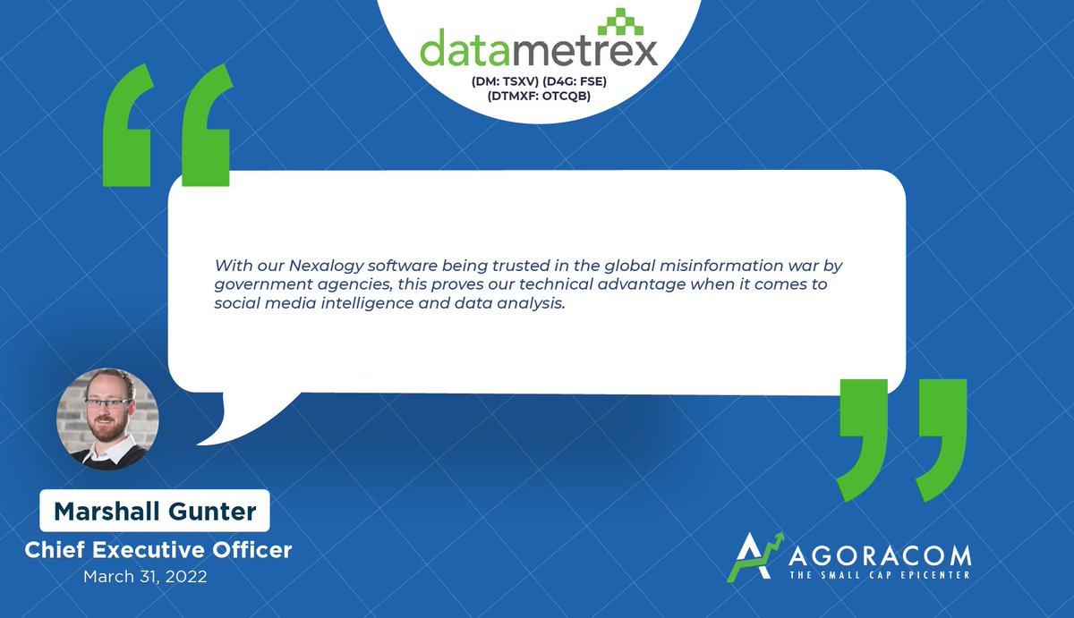 AGORACOM's tweet photo. NEWS... @datametrex $DM.ca Successfully Completes First Phase of $40M #AI Contract

 ✔️@nexalogy #SocialMedia Automated Reporting Technologies being used to enhance speed by minimizing human involvement

$DTMXF

#ArtificialIntelligence #DataAnalytics 

https://t.co/b65Wzxh5KY https://t.co/IML9KMFk3o