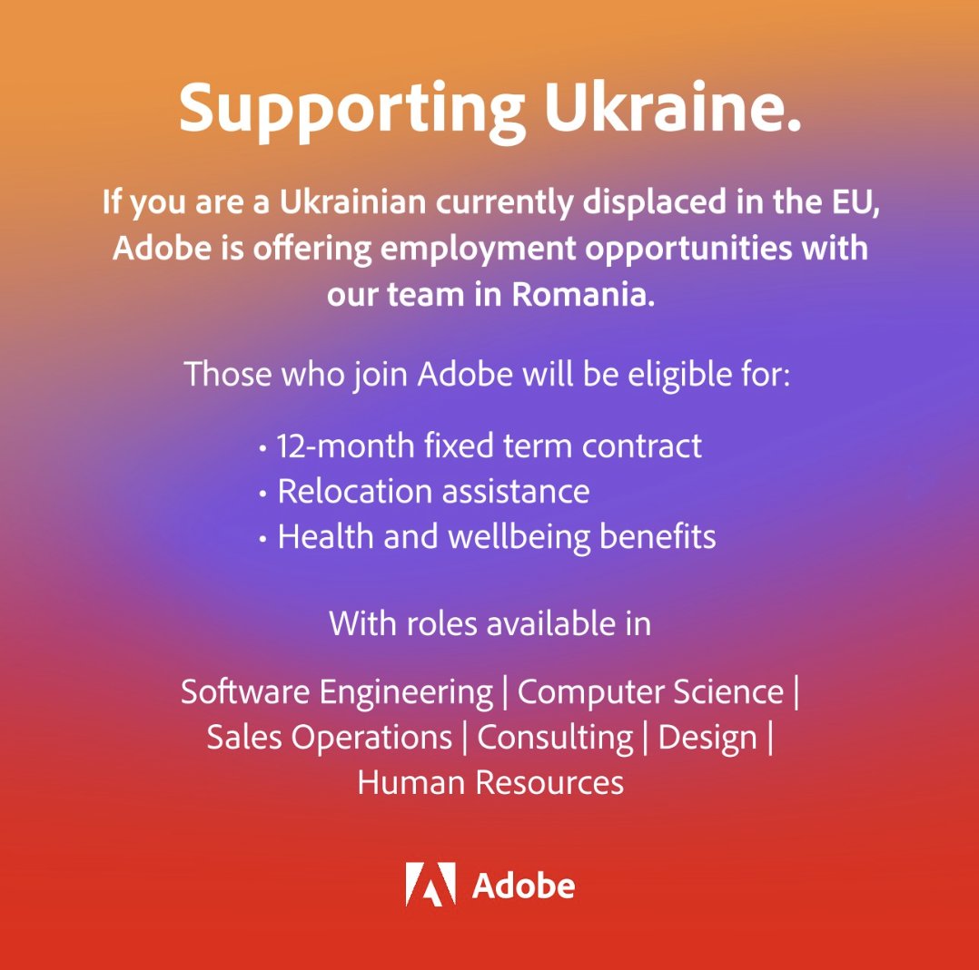 If you are a Ukrainian currently displaced in the EU, Adobe is offering employment opportunities with our team in Romania. 

We have two design roles open in Romania right now lnkd.in/d6yhbuUh &amp; lnkd.in/d8CJkghJ

More to come adobe.design/jobs/