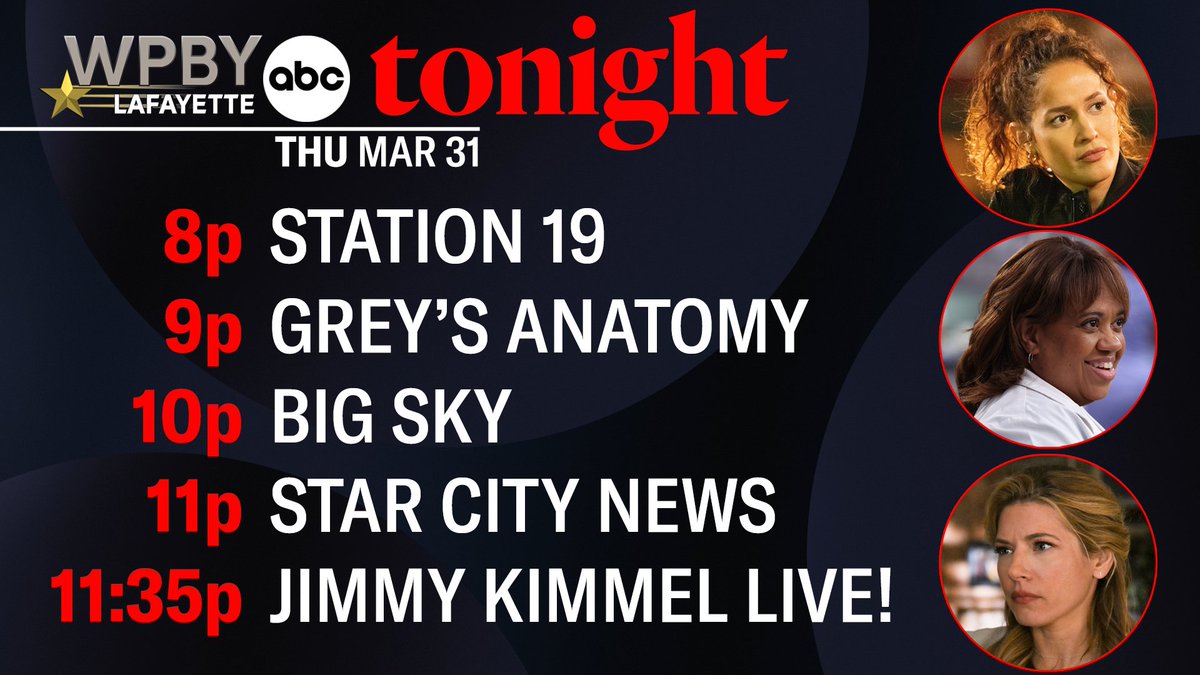 Tonight on #WPBYabc is all-new.

The Station 23 crew says an emotional goodbye on #Station19.

A physician shortage creates added tension on #GreysAnatomy.

And Jenny is increasingly suspicious about Travis on #BigSky.

Wrap up your day with #StarCityNews at 11 on #WPBYabc. https://t.co/tqNLyVtYsb