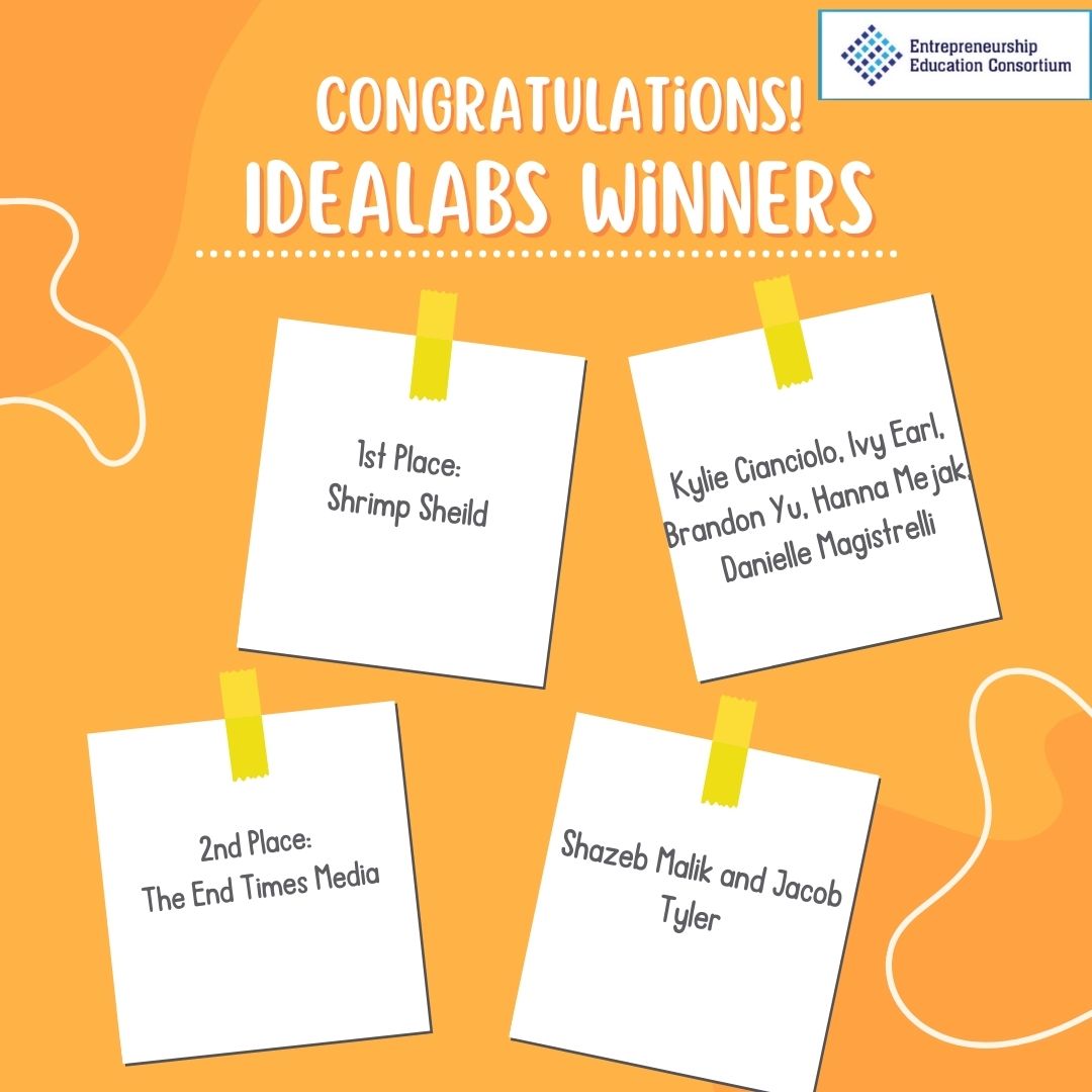 Congratulations to the winners of IdeaLabs 2022! The 1st place winner Shrimp Shield, a biodegradable body armor, and 2nd place winner The End Times Media, a social commentary podcast, will have the chance to continue their ventures at the IdeaLabs Competition hosted by EEC!