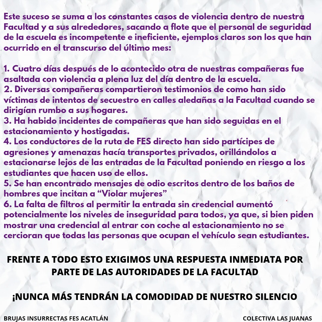 nafigorx's tweet photo. MÁXIMA DIFUSIÓN COMPAÑERAS.
EN LA FES ACATLÁN NOS ESTÁN VIOLANDO, NOS AMENAZAN, NOS ASALTAN DENTRO DE LA FACULTAD Y LAS AUTORIDADES NO HACEN NADA.
#UNAMCunaDeVioladores
#UNAMFeminicida https://t.co/iN1ctQJVSC