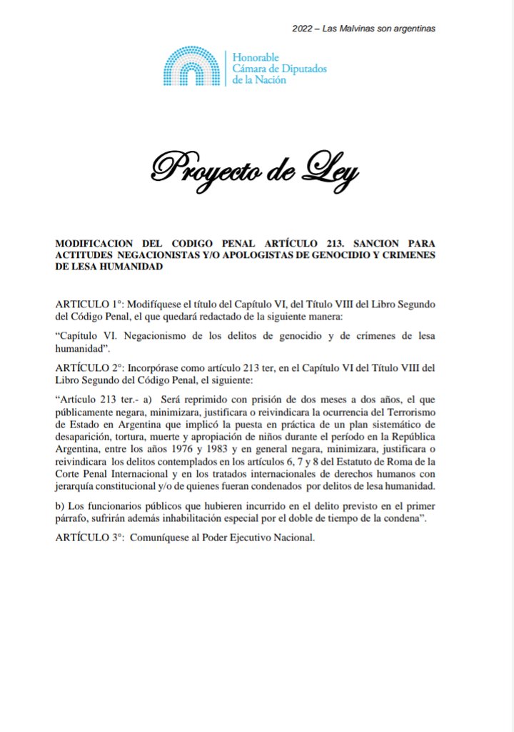 Presenté un proyecto para modificar el Código Penal en lo que refiere a sanciones para quienes desde actitudes #negacionistas intenten seguir sembrando #odio como apologistas de genocidio y no reconozcan crimenes de lesa humanidad que tanto daño le han ocasionado a nuestra Nación