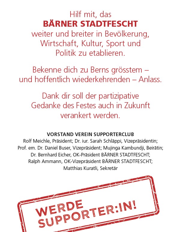 Hilf mit, das Bärner Stadtfescht weiter und breiter in Bevölkerung, Wirtschaft, Kultur, Sport und Politik zu etablieren. Bekenne dich zu Berns grösstem - und hoffentlich wiederkehrenden - Anlass. Anmeldung auf bernerstadtfest.ch/supporter #bernerstadtfest2022 #bernerstadtfest