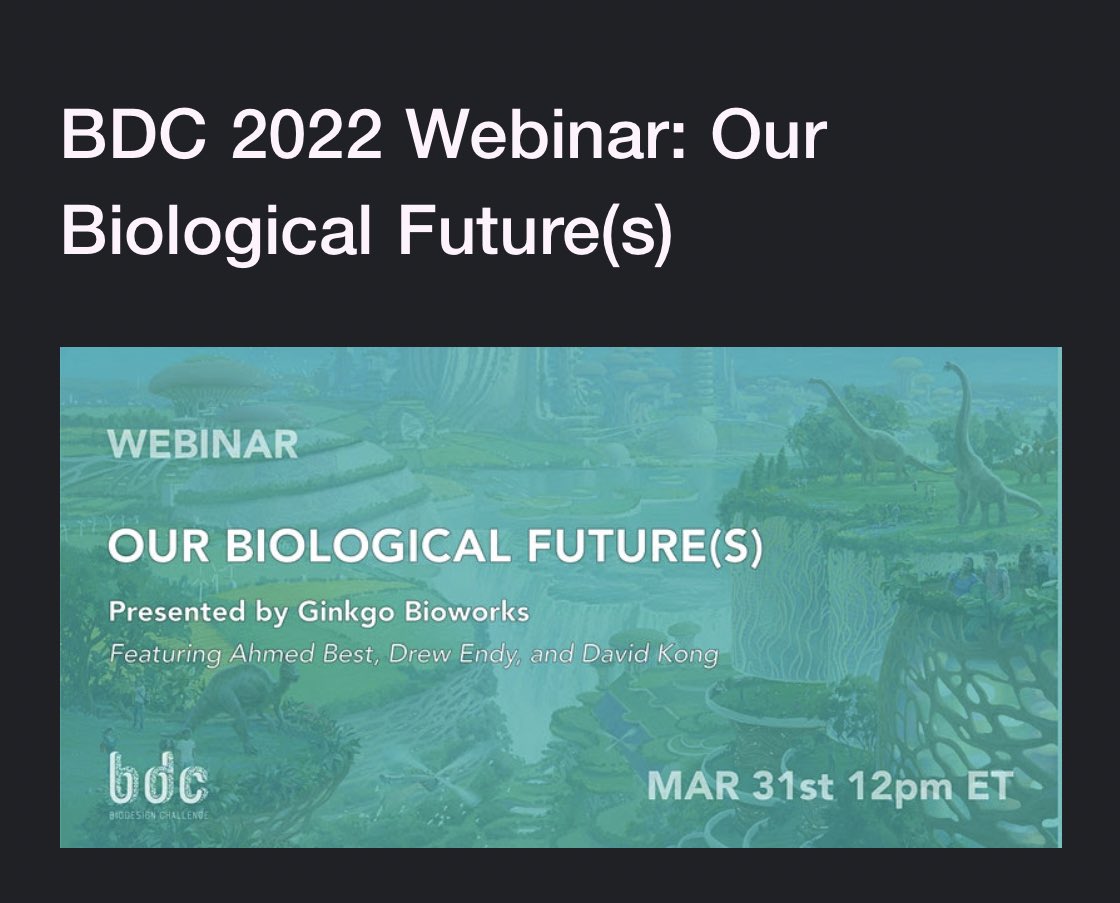 Currently attending a biodesign webinar presented by <a href="/Ginkgo/">Ginkgo Bioworks</a>! So exciting☺️