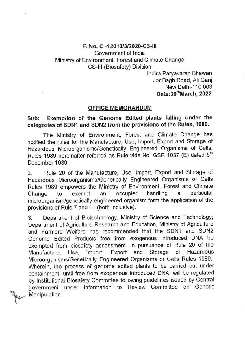 SatyajitSaurabh's tweet photo. Landmark decision by the #Indian Govt exempting #SDN1 and #SDN2 genome edited plants from Rules 7-11 of the #Environment Protect Act (EPA) for manufacture, use or import or export and storage of hazardous microorganisms or genetically engineered organisms or cells rules-1989. https://t.co/eky1wIsJmY