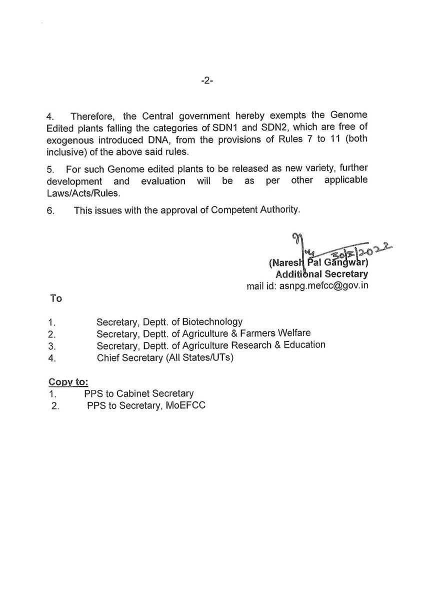 SatyajitSaurabh's tweet photo. Landmark decision by the #Indian Govt exempting #SDN1 and #SDN2 genome edited plants from Rules 7-11 of the #Environment Protect Act (EPA) for manufacture, use or import or export and storage of hazardous microorganisms or genetically engineered organisms or cells rules-1989. https://t.co/eky1wIsJmY