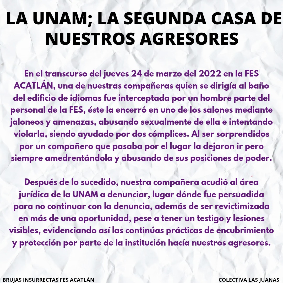 nafigorx's tweet photo. MÁXIMA DIFUSIÓN COMPAÑERAS.
EN LA FES ACATLÁN NOS ESTÁN VIOLANDO, NOS AMENAZAN, NOS ASALTAN DENTRO DE LA FACULTAD Y LAS AUTORIDADES NO HACEN NADA.
#UNAMCunaDeVioladores
#UNAMFeminicida https://t.co/iN1ctQJVSC
