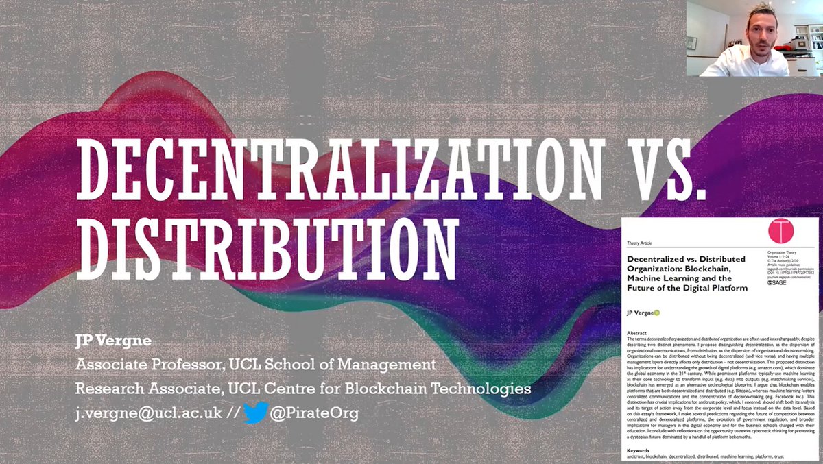 In the second edition of the UCL CBT Online Open Seminar Series, UCL CBT Associate <a href="/PirateOrg/">JP Vergne</a> gave the talk "We must conceptualize and measure separately #decentralization and #distribution".