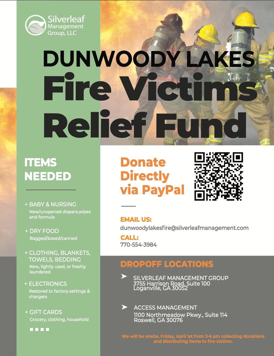 Saturday there was a devastating fire in Dunwoody Lakes, Sandy Springs.  10 units were destroyed.  Please consider helping these families if you can. Silverleaf Mgmt Group will be at the complex in the community mail center collecting donations between 3-6pm Friday April 1. https://t.co/XtIVe8uzAw