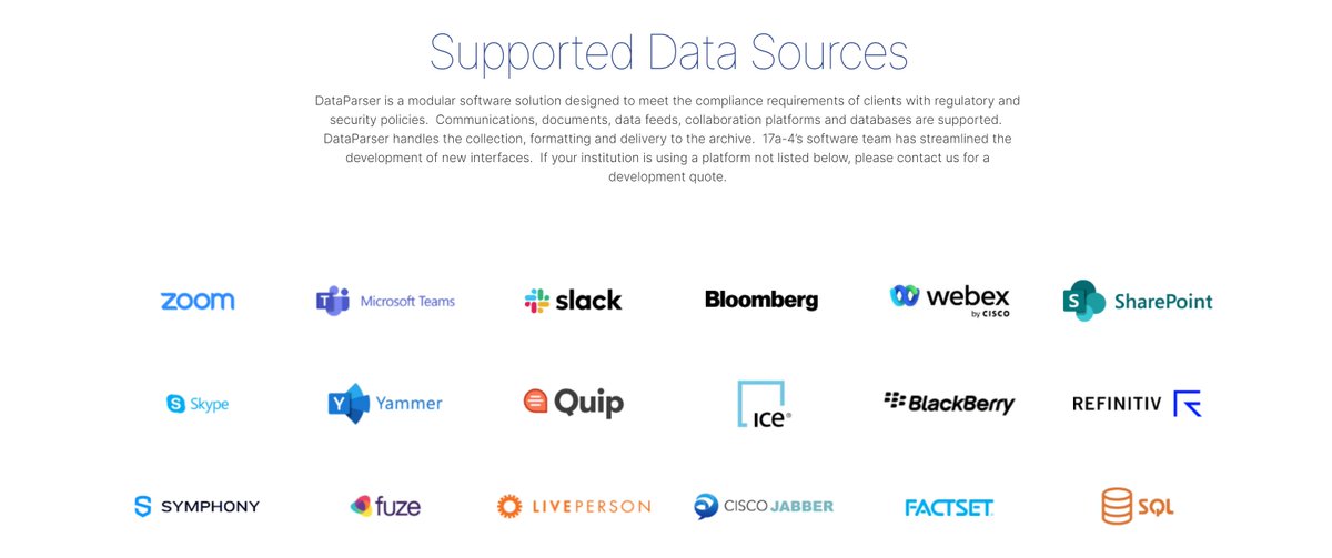 17a4llc's tweet photo. Our mission is to empower client enterprises in an increasingly regulated environment. #DataParser is able to capture 40+ connectors which makes it an invaluable tool to meet compliance regulations and ediscovery needs. Learn how #DataParser can help https://t.co/t6EtDhLFEV https://t.co/Xggm02DIoP