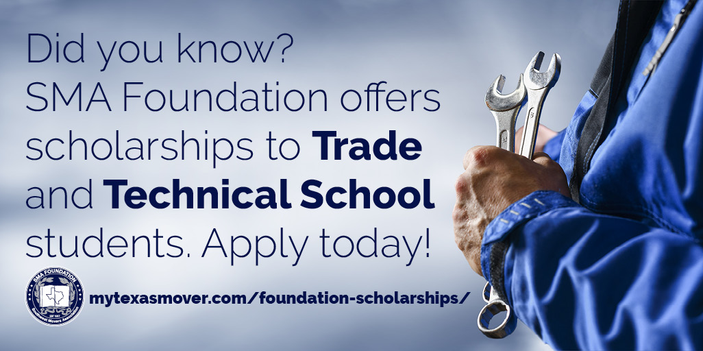 My_Texas_Mover's tweet photo. The moving industry is always looking for qualified movers, technicians and drivers--and we can help you get there! Apply for an SMA Foundation Trade Scholarship today.
https://t.co/73bLqanHbF
#smamover #scholarships #education #movingindustry https://t.co/JsfGLFn51P