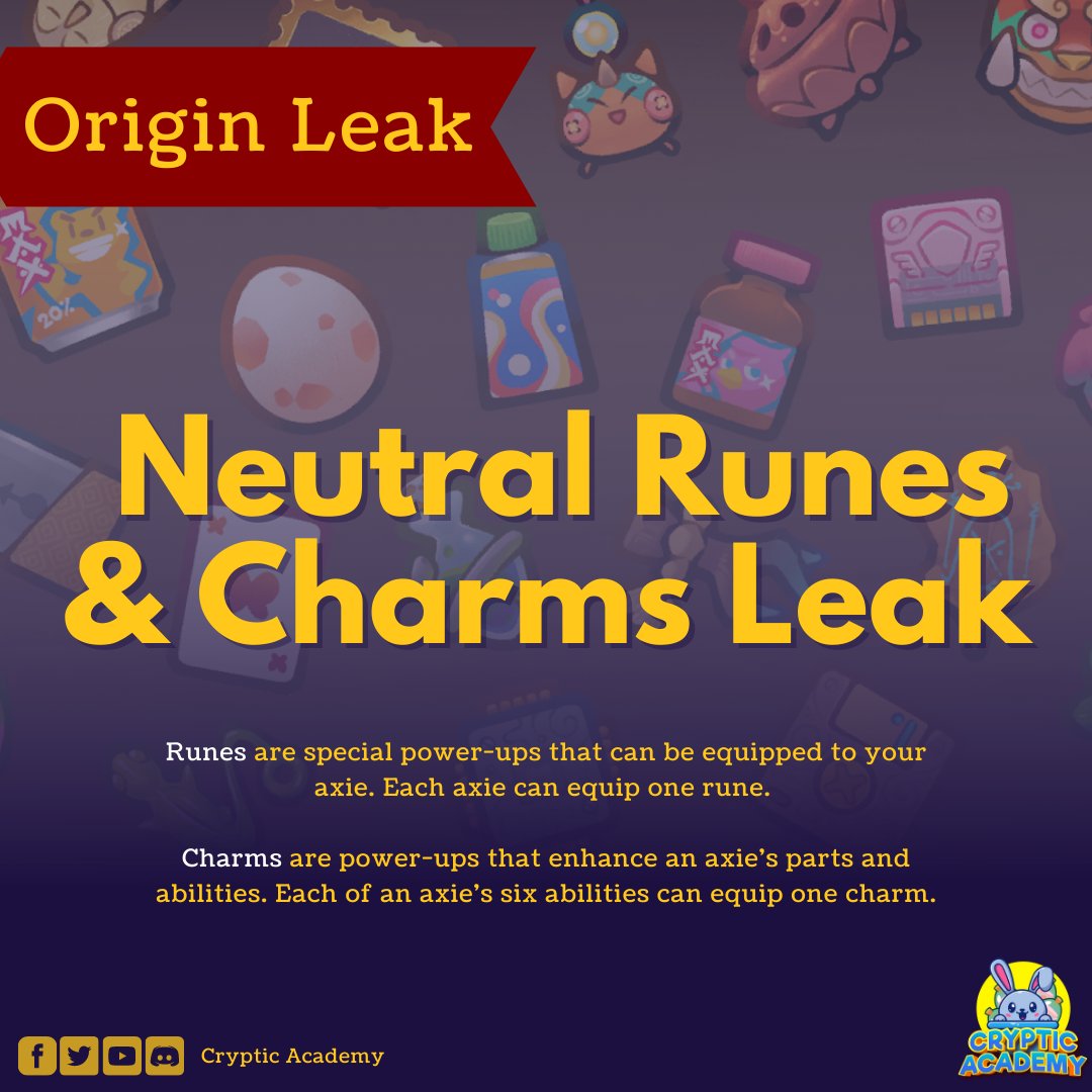CrypticAcademy's tweet photo. 🚨 Neutral Runes & Charms Leek Alert
(check full origin guide here: https://t.co/0Lr2v9j0Vc)
✨For more content, axie news, and giveaways you surely don't wanna miss, please follow our page!✨
#AxieInfinity
#CrypticAcademy https://t.co/85aEdkCpdP