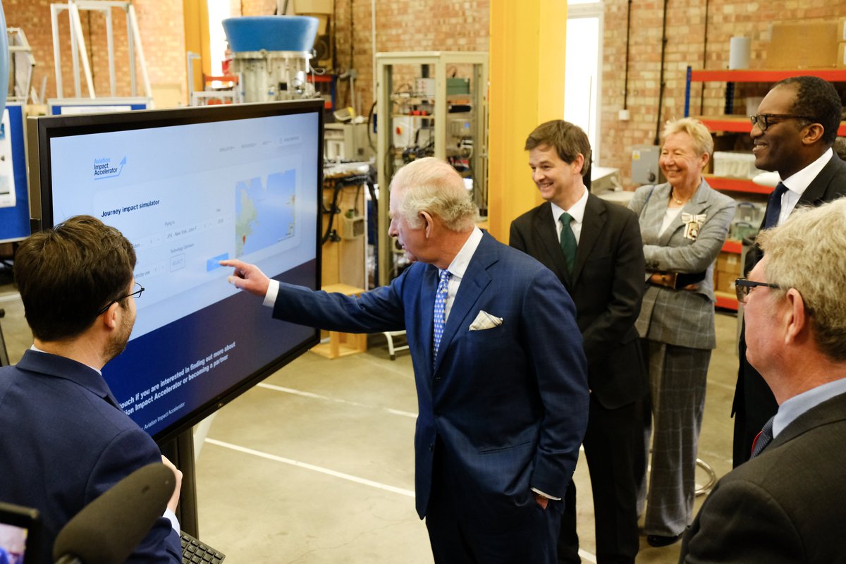 AIAZero's tweet photo. We were delighted to welcome HRH The Prince of Wales @ClarenceHouse and @KwasiKwarteng to the @whittlelab earlier today for a demonstration of the Aviation Impact Accelerator's whole system model which aims to accelerate the transition to sustainable flight #NetZeroFlight https://t.co/ogMrZJdif9