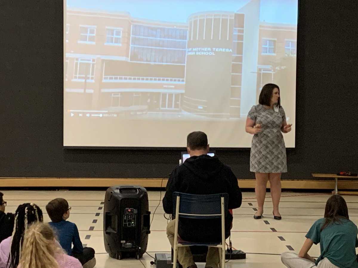StAndrewOCSB's tweet photo. It was so wonderful to have St. Mother Teresa HS visitors today for our Grade 6 Transition Presentation.  You were our 1st visitors in 2 years! We were excited to welcome you all. Thank you for the awesome presentation, MT! https://t.co/uobJFDrwfG
