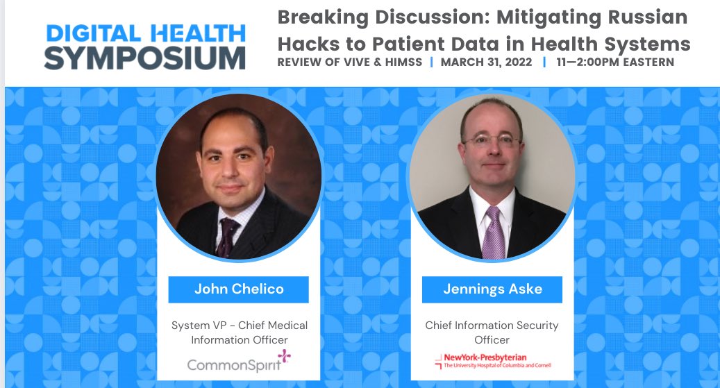 HITLABnyc's tweet image. Live now:
Jennings Aske will discuss “mitigating Russian hacks to patien data in health systems.

Big topic at HIMSS.

Join here:

lnkd.in/gRmdDrfg