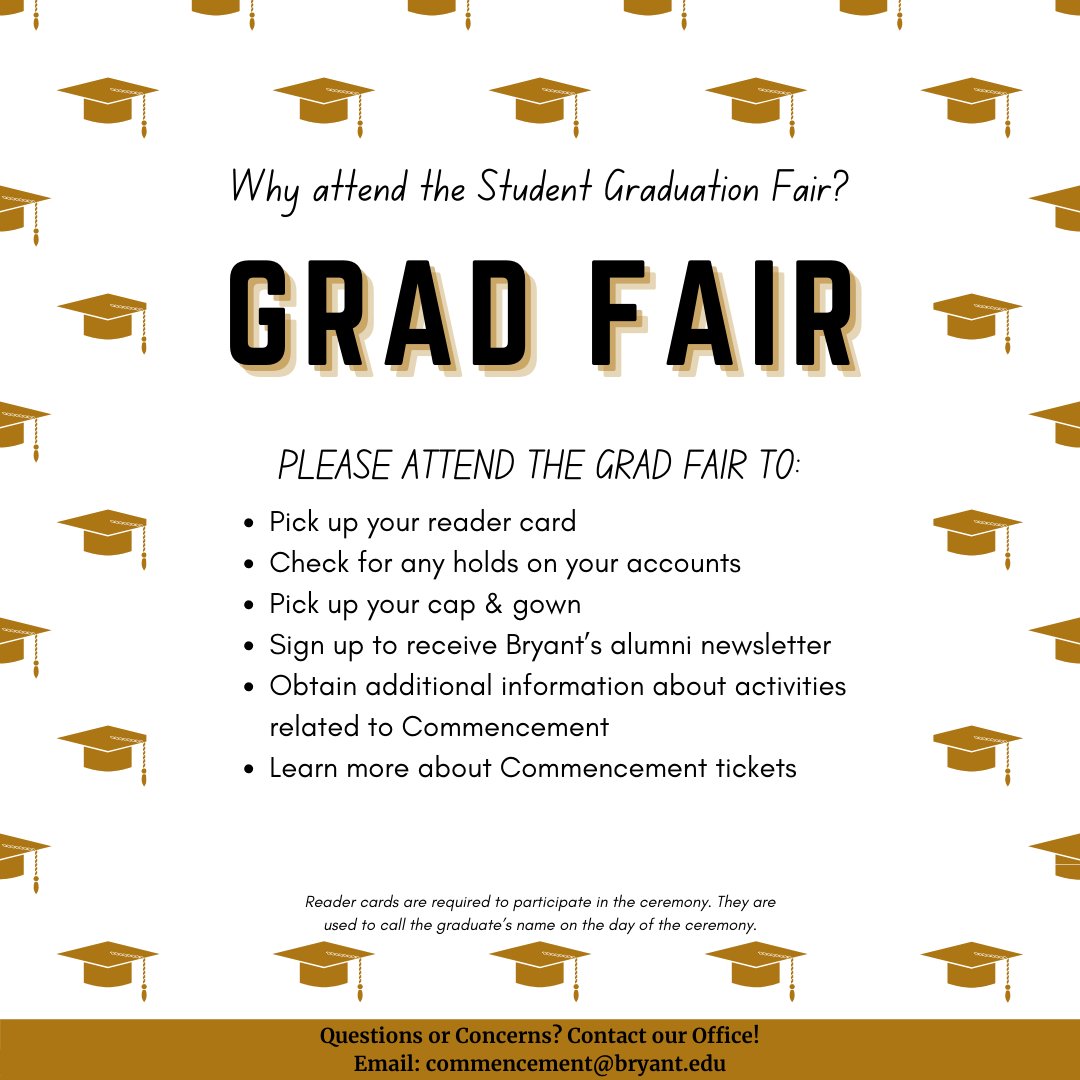 Grad Fair is happening May 6th! Pick up your reader card and learn more about the commencement ceremony! Each graduate needs a reader card to cross the stage! Contact us for more info. #bryantgrad2022
