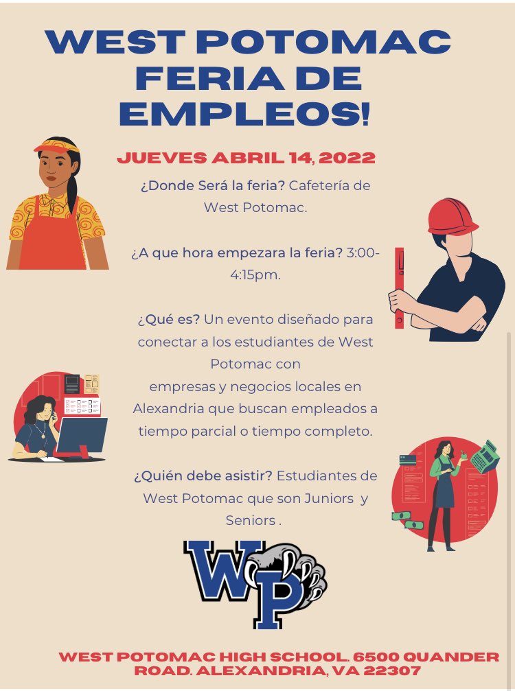 wphsccc's tweet photo. Looking for a summer job?  Attend the WPHS Job Fair on 4/14 from 3pm-4:15pm. The event is designed to connect local businesses with West Potomac HS students (only)  looking for part- or full-time work. Juniors &amp; Seniors are encouraged to attend. @WPHSSS @theWPboard https://t.co/7flUIoiQPp