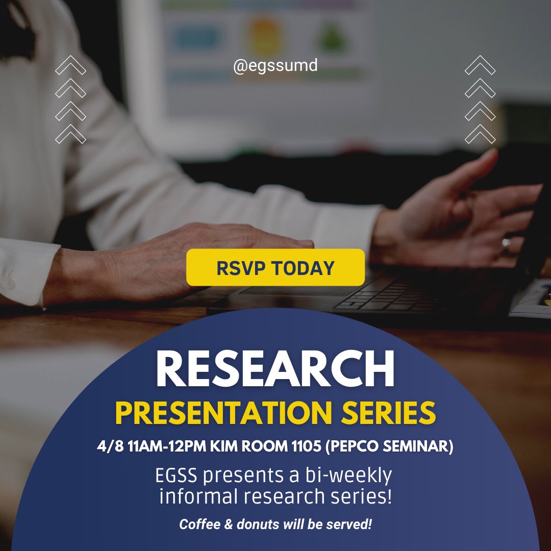egssUMD's tweet photo. Next Friday, we’ll be hosting our first informal research presentation series. Join us in the Kim Building Room 1105 from 11am-12pm. ☕️ and 🍩 will be served - link in bio to RSVP! https://t.co/0PyGFb18TD