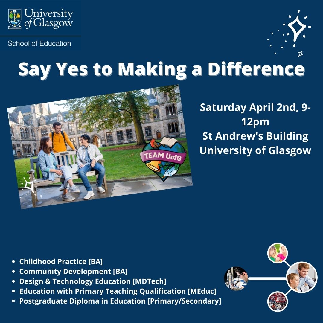 UofGEducation's tweet photo. Did you miss the Offer Holder Day? Interested in studying with us @UofGEducation ?
There are still a few spaces available for our #SayYestoMakingaDifference UG/ITE event on Saturday 2nd April.
Register at https://t.co/4750wdXGuj https://t.co/PSLg1m3smr