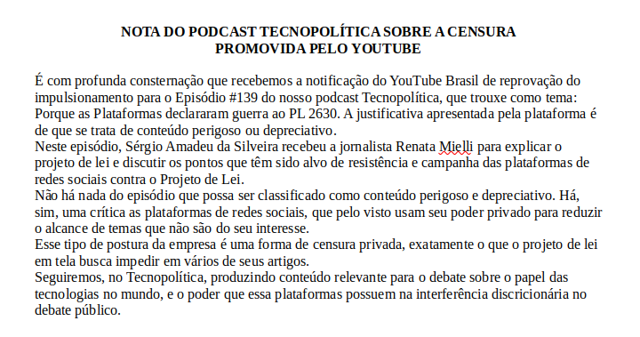 podtecnopol's tweet photo. Contra a censura promovida pelo Youtube ao debate sobre a regulação das plataformas. Veja a nota do Tecnopolítica. Ajude a divulgar. https://t.co/4yQdlsPQam