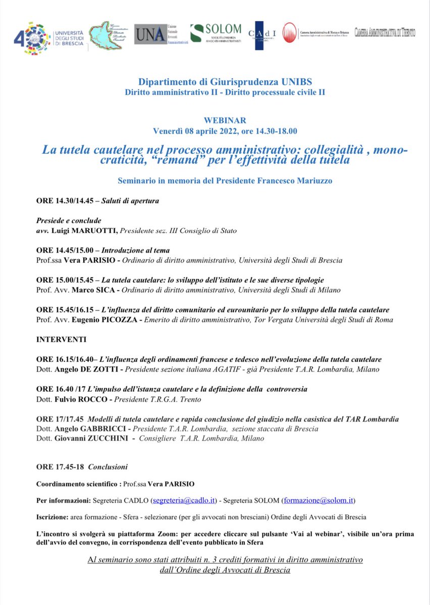 AvvocatiUna's tweet photo. 8 aprile 2022 – Seminario “La tutela cautelare nel processo amministrativo: collegialità, monocraticità, “remand” per l’effettività della tutela”, in memoria del Presidente Francesco Mariuzzo.

https://t.co/ermnLGW2H4 https://t.co/Titr5DqmVD