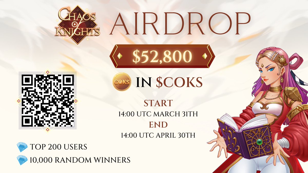🎁🎁🎁 Participate in our Airdrop Campaign and earn up to 3,200 $COKS (96 $USDT) for doing tasks.

🔗 Airdrop: gleam.io/jL41B/coks-air…
⏳Airdrop rewards will be distributed to wallet addresses After IDO day.

🥳 Good luck, Knights!
#COKS #BSC #GameFi
