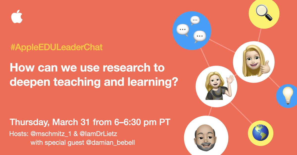 mschmitz_1's tweet photo. Join us now for the #AppleEDULeaderChat to talk about how we can use research to deepen teaching and learning. 

We have a special guest researcher @damian_bebell !  

#AppleEDULeaderChat #appledistinguishedschools @IamDrLietz @shmaynor https://t.co/zTJc5jqSp9