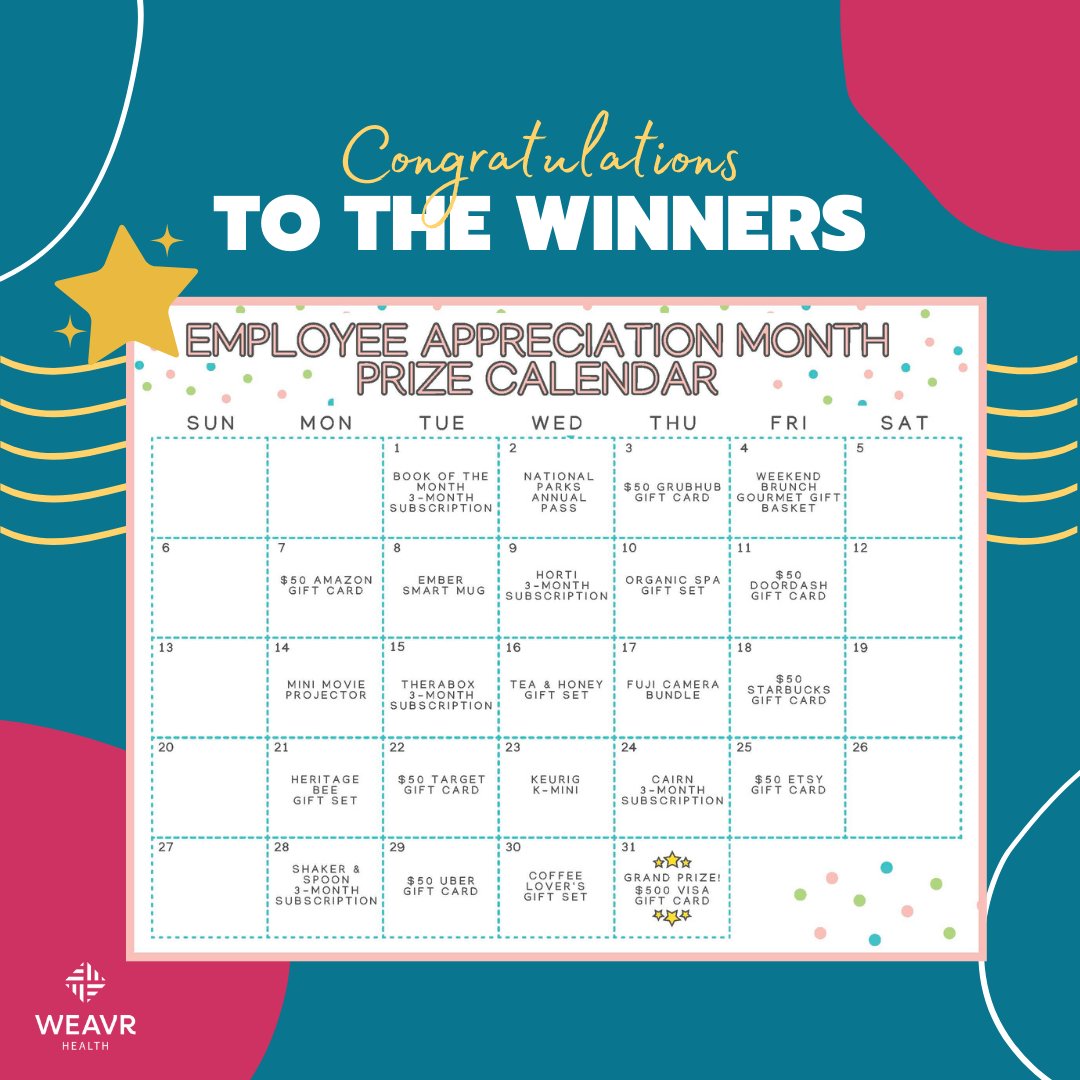 WeavrHealth's tweet photo. March 4th was #EmployeeAppreciationDay, but we celebrated our employees all month long. A few lucky winners even got special prizes. Thank you, team! 🙏 https://t.co/bZTYXegr8q