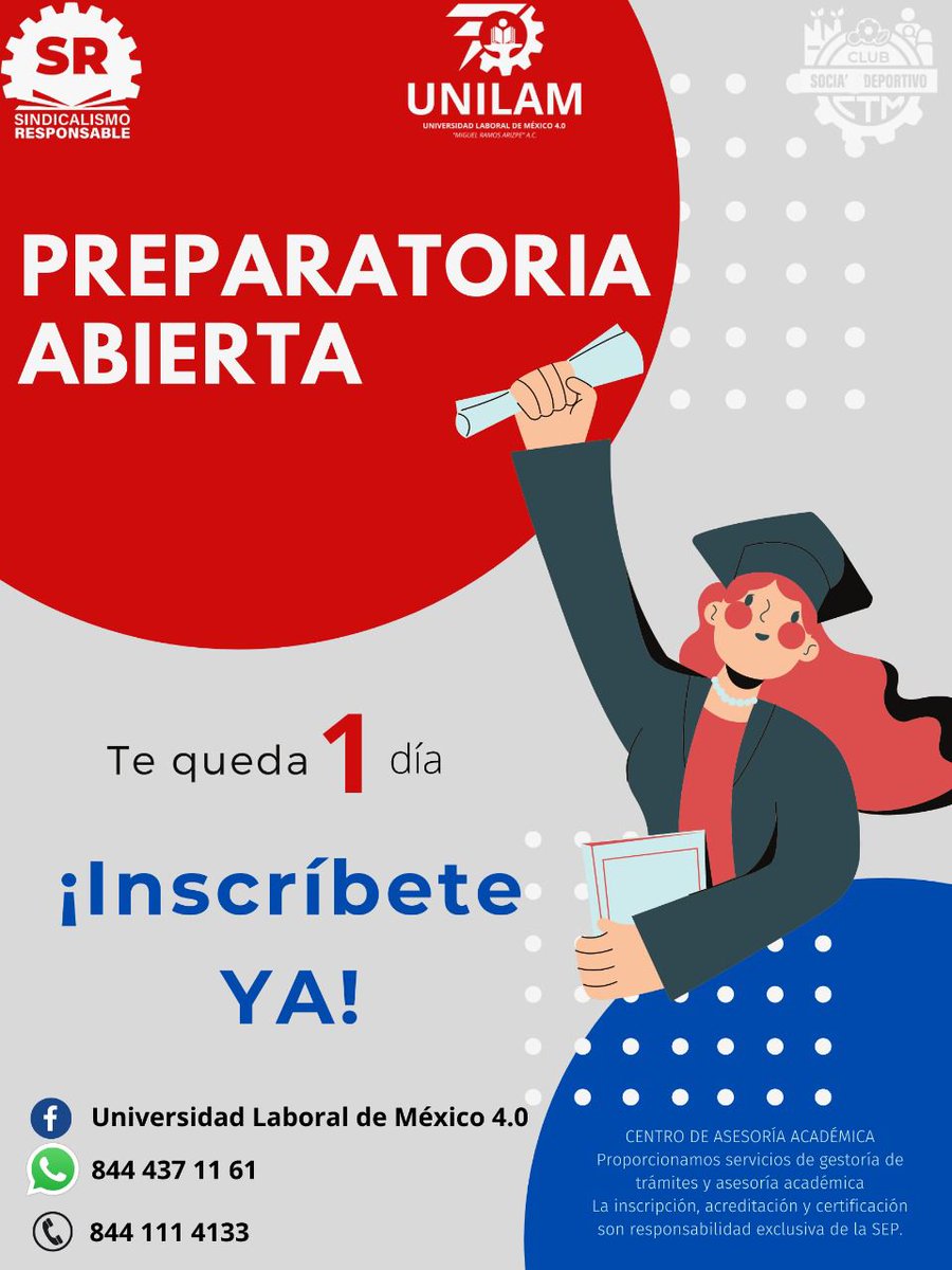 UNILAM4_0's tweet photo. ¡Inscríbete hoy a la prepa abierta!

Informes al :
Tel. de oficina: 844-111-4133
WhatsApp: 844-437-1161

¡No te quedes fuera! Cerramos inscripciones el viernes 1 de abril

@tereso_medina 
@SResponsableMX https://t.co/mQ7SawT0C2