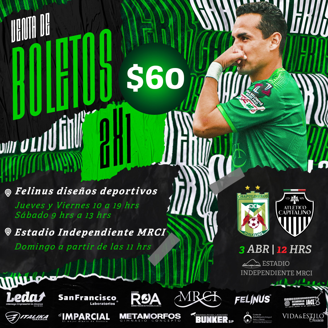 𝙑𝙚𝙣𝙩𝙖 𝙙𝙚 𝘽𝙤𝙡𝙚𝙩𝙤𝙨 

📍 Felinus
L-V 10:00 am a 07:00 pm y Sábados 09:00 am a 01:00 pm
*𝑷𝒓𝒐𝒎𝒐𝒄𝒊ó𝒏 𝒗𝒂𝒍𝒊𝒅𝒂 ú𝒏𝒊𝒄𝒂𝒎𝒆𝒏𝒕𝒆 𝒆𝒏 𝑭𝒆𝒍𝒊𝒏𝒖𝒔*

📍 Estadio Independiente MRCI
 Domingo a partir de las 11:00 am

#TodosSomosUno 💚
#TodosSomosChapus