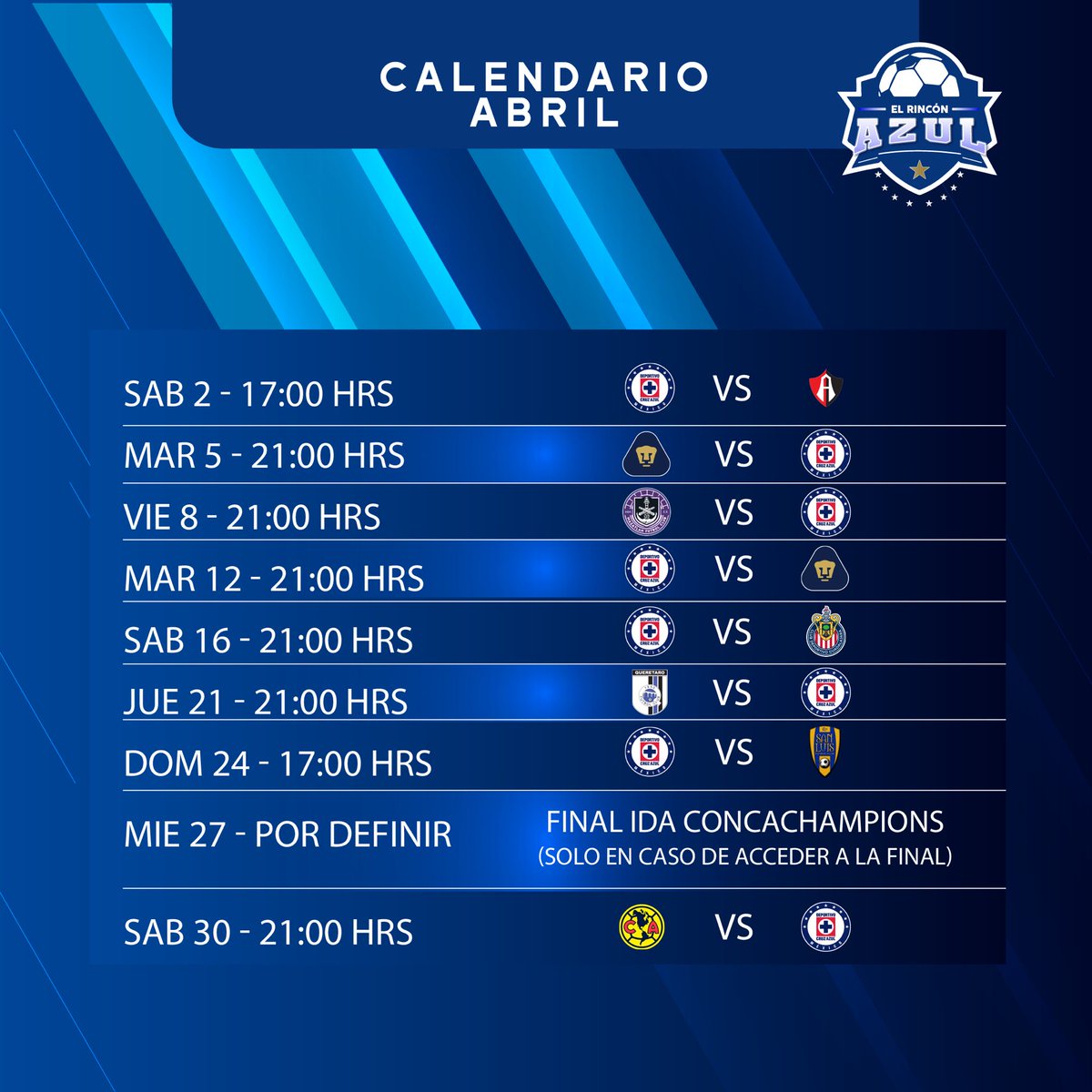 gambetita2020's tweet photo. Calendario de abril de la 🚂🔵
#CruzAzul https://t.co/XVKQJf61QY