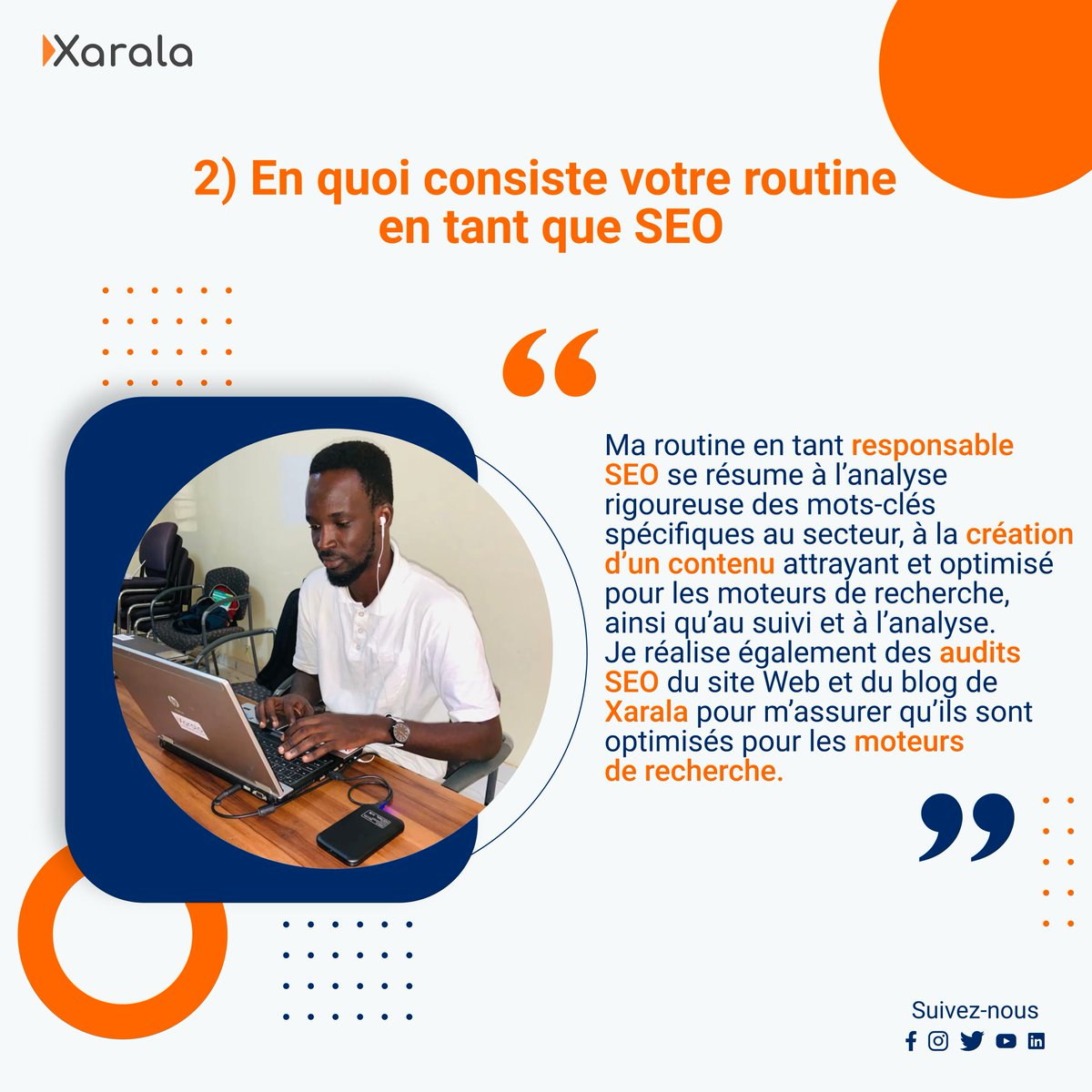 xaralatech's tweet photo. [#SunuyNdanane]
Nous vous présentons notre #Ndanane du jour Cherif DIOUCK borom “ist”😍  SEO  chez #Xarala et passionné de l’informatique en général.💻
✅  S’inscrire à la prochaine rentrée du 11 Avril👉:👉👉 https://t.co/sVcJCCnvSc
#php #python #communitymanager #ReferentDigital https://t.co/7P8Y6RGwkx