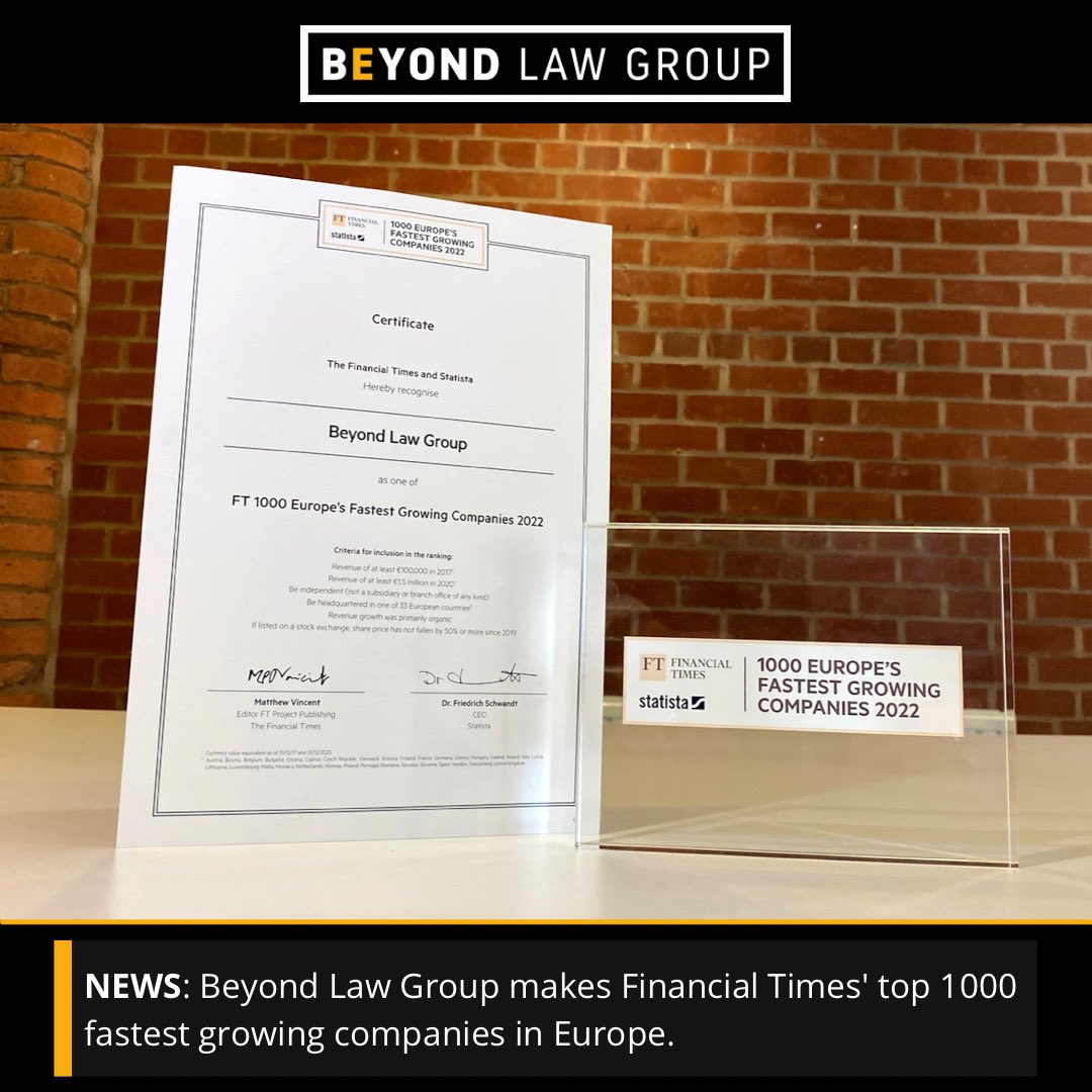 Beyond Law Group has been listed in the top-1000 fastest growing companies and the top two fastest-growing law firms by the Financial Times and Statista! Thank you to our incredible people, clients and suppliers who have supported us on the journey💛Now time to celebrate! #ft1000