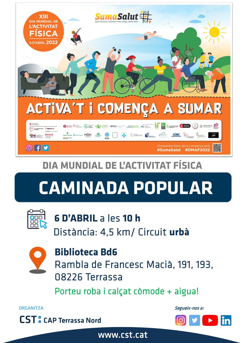 bctxarxa's tweet photo. XIII Dia Mundial de l'Activitat Física 🏃‍♀️- 6 abril 2022
Caminada Popular - Activa't i comença a sumar
10:00 h / Distància 4,5 kilòmetres - circuit urbà
Porteu roba i calçat còmode +💧
Organitza: @CSTerrassa. CAP Terrassa Nord
Més info 👉#biblioteca bd6 #Terrassa ☎️93 739 74 20 https://t.co/1lT3G6yUn1