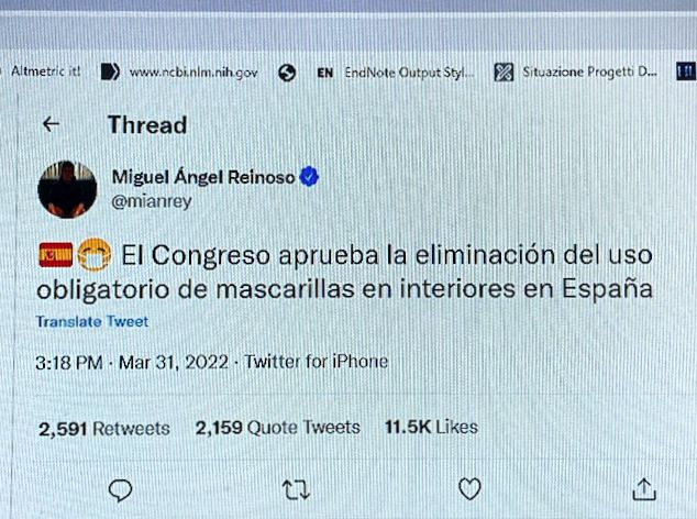 <a href="/fcecconi64/">Francesco Cecconi</a> <a href="/sbruffino/">Doc Maldestro PhD Ⓜ️ Osservatorio Jimbo</a> <a href="/SaraGandini3/">Sara Gandini</a> Alla luce del voto del Parlamento che approva l'eliminazione delle mascherine al chiuso in Spagna resteremo ancora più soli. Unico grande paese UE con mascherine (comprese FFP2 inutili in comunità) al chiuso, unico a scuola, da domani persino all'asilo per bimbi seienni.