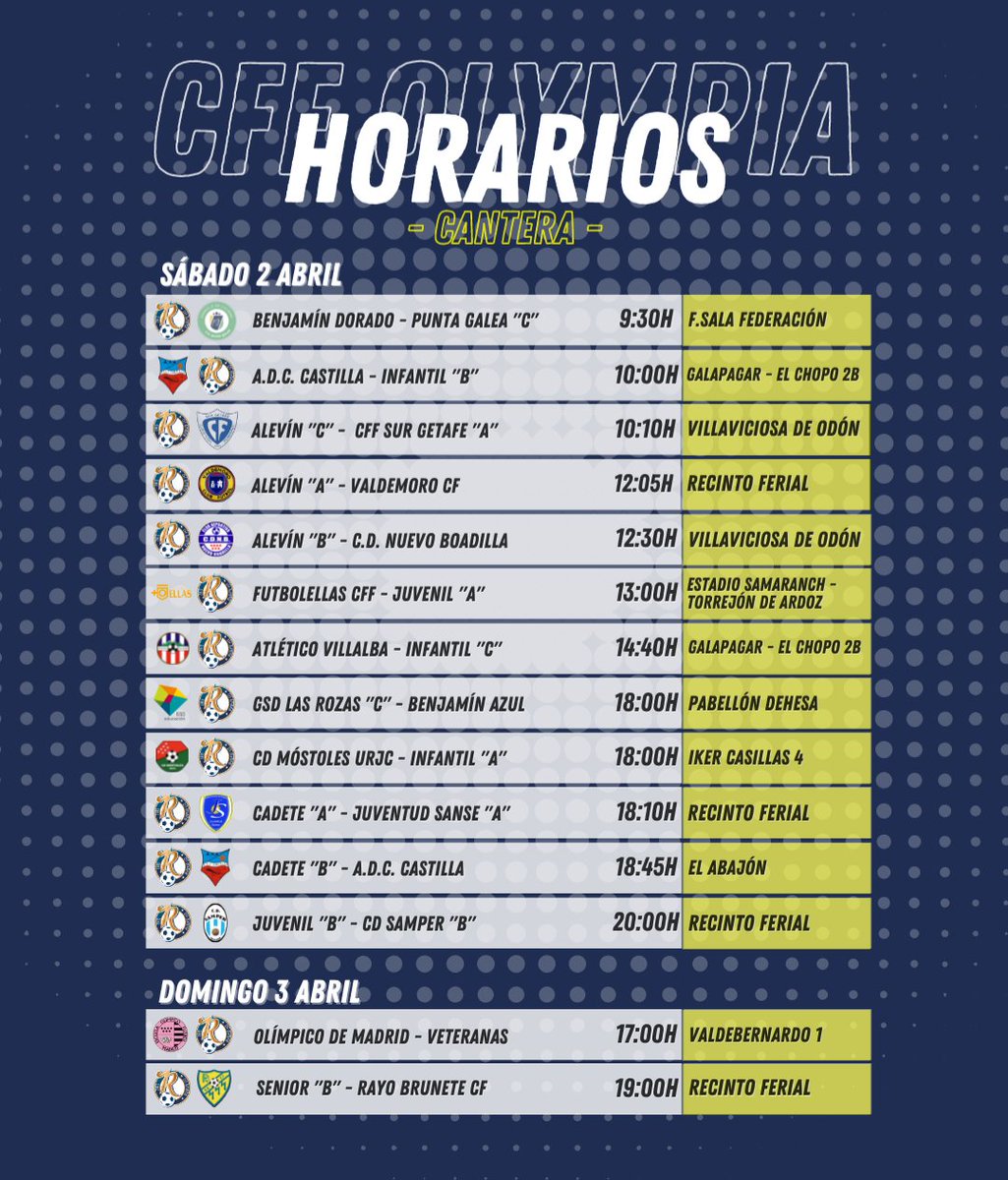 cff_olympia's tweet photo. ✅𝗛𝗢𝗥𝗔𝗥𝗜𝗢𝗦 𝗗𝗘 𝗡𝗨𝗘𝗦𝗧𝗥𝗔 𝗖𝗔𝗡𝗧𝗘𝗥𝗔

¡No descansa el fútbol! Este fin de semana compiten todos nuestros equipos💪

#CFFOlympiaLasRozas #PorUnSueño #OlympiaCantera #futfem https://t.co/qL9WbyT2N9