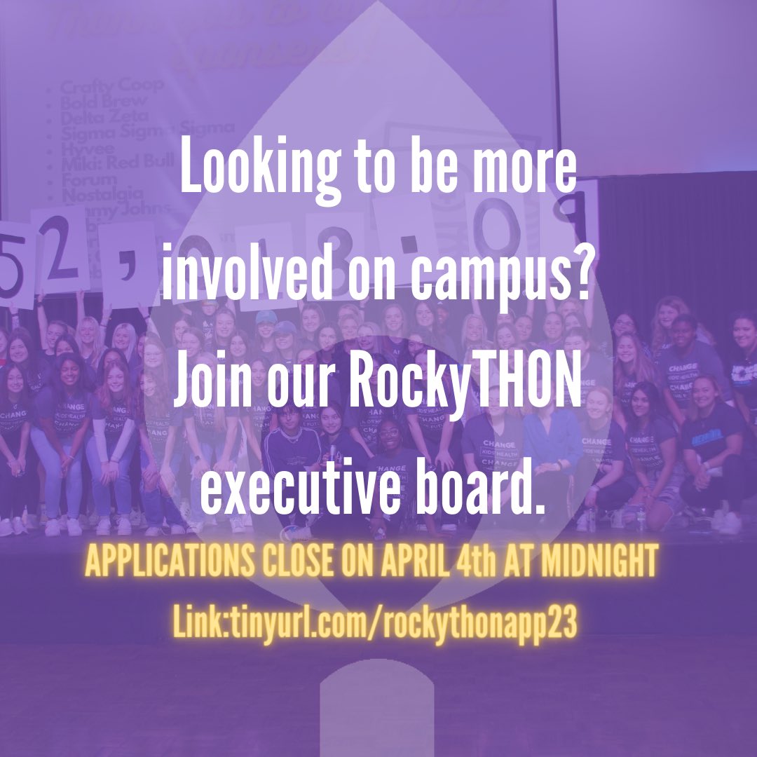 Love supporting children’s health? Apply to be on the RockyTHON executive board! 

Link: tinyurl.com/rockythonapp23